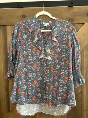 Sundance Teal Floral Ruffle Button-Up Blouse